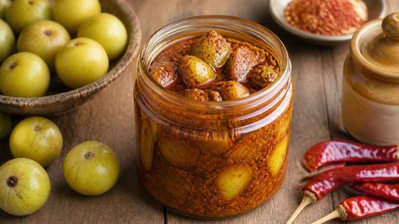 Tangy lololikka pickle stored in sesame oil in a glass jar